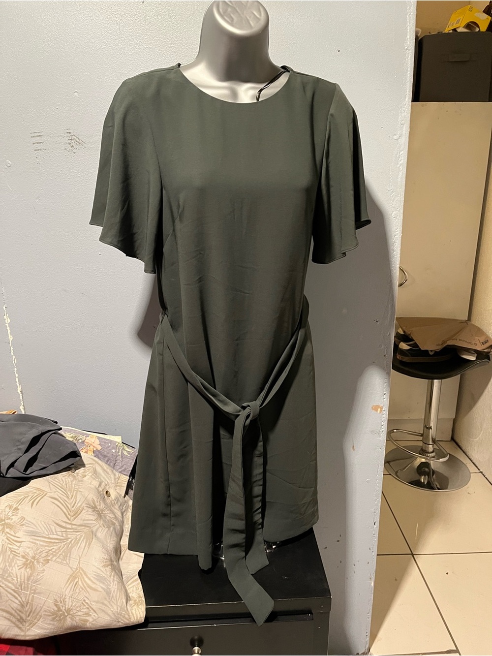 H&M Olive Green Midi Dress with Tie Waist
